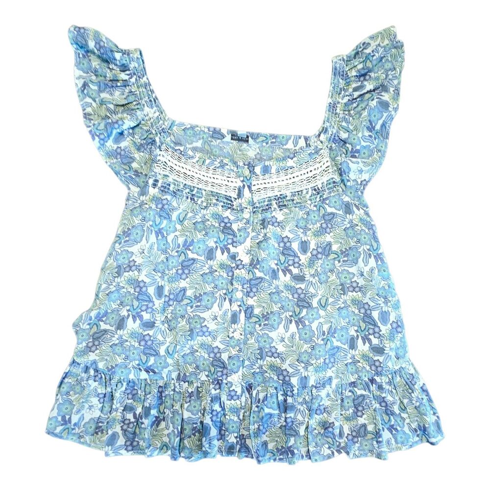 Lucky Brand Blue Floral Peasant Peplum Top Blouse Ruffles Square Neck Size Large